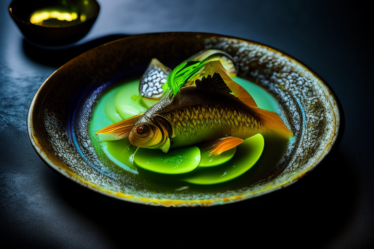 A Thai Steamed Fish with garlic and Lime Sauce dish on a circular plate, decorated with Thai ornaments, under bright studio lighting with razor-sharp focus