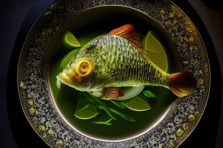 A Thai Steamed Fish with garlic and Lime Sauce dish on a circular plate, decorated with Thai ornaments, under bright studio lighting with razor-sharp focus
