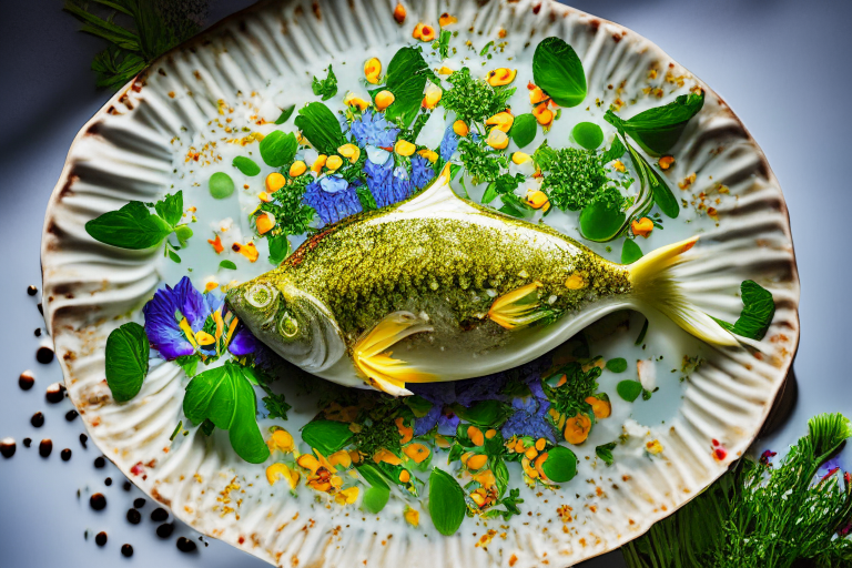 A Thai Steamed Fish with garlic and Lime Sauce dish on a circular plate with a floral background, decorated with Thai ornaments, under bright studio lighting with razor-sharp focus