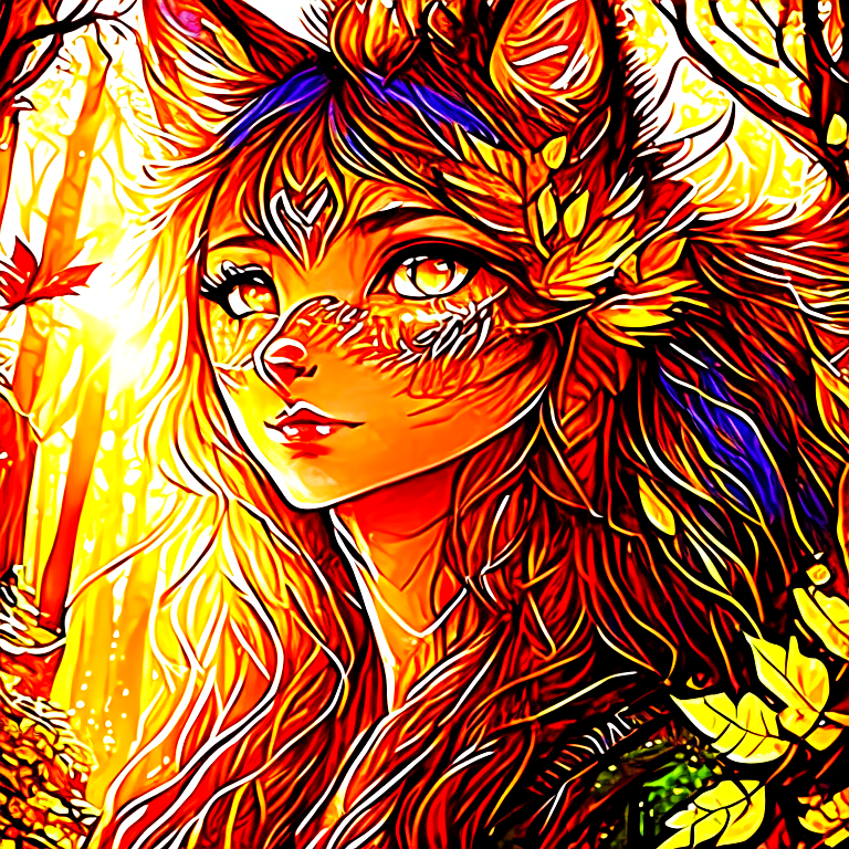 Beautiful 3d art, foxgirl, messy hair, macro, moist, damp, coalescing, very thin lines, vivid color, magical, rough, rough shading, rugged, big eyes, reflective eyes, perfects eyes, dark, glowing eyes, god rays, forest, leaves, airy, sunlight, sunny day, intricate detailed, bright colors, fantasy, concept art, digital art, intricate, masterpiece, expert, insanely detailed