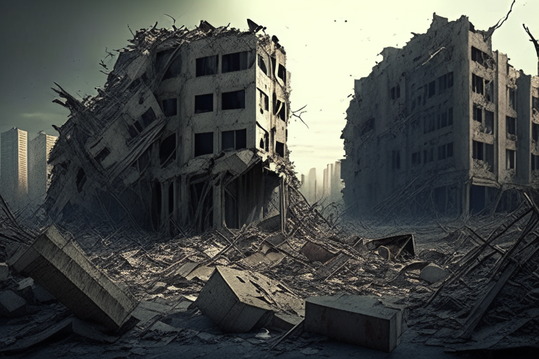 post-apocalyptic city, destroyed buildings, rubble