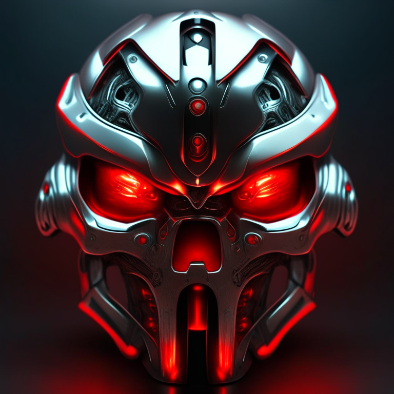 futuristic helmet with metallic skull details, glowing red eyes, chrome finish