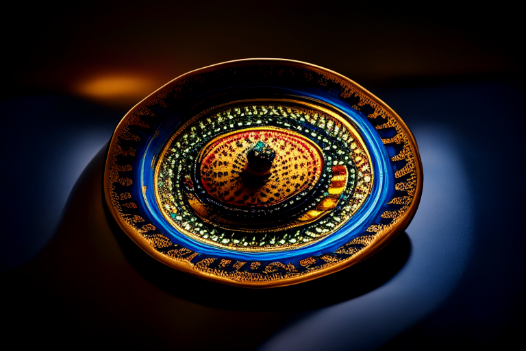 Hor Mok Talay dish on a circular plate, decorated with Thai ornaments, under bright studio lighting with razor-sharp focus