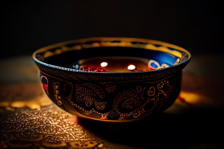 Hor Mok Talay dish on a circular bowl, decorated with Thai ornaments, under bright studio lighting with razor-sharp focus