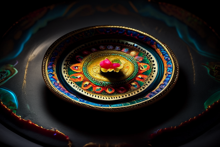 Hor Mok Talay dish on a circular platter, decorated with Thai ornaments, under bright studio lighting with razor-sharp focus