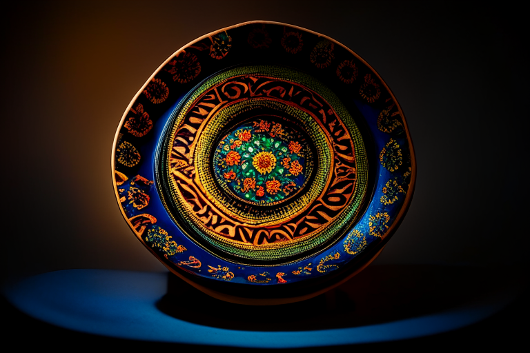Hor Mok Talay dish on a circular plate, decorated with Thai ornaments, under bright studio lighting with razor-sharp focus