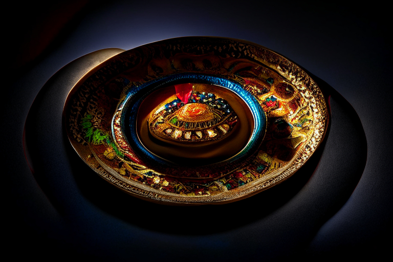 Hor Mok Talay dish on a circular platter, decorated with Thai ornaments, under bright studio lighting with razor-sharp focus