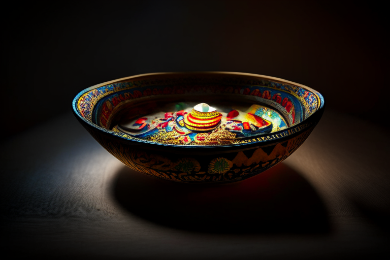 Hor Mok Talay dish in a circular bowl, decorated with Thai ornaments, under bright studio lighting with razor-sharp focus