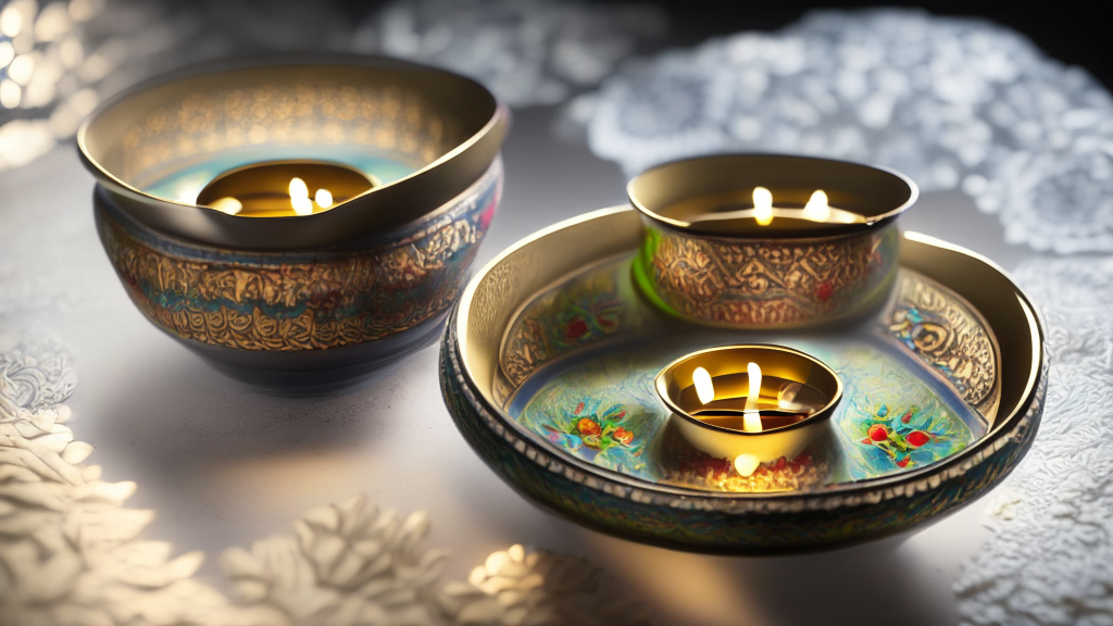 Hor Mok Talay dish in two bowls, decorated with Thai ornaments, under bright studio lighting with razor-sharp focus