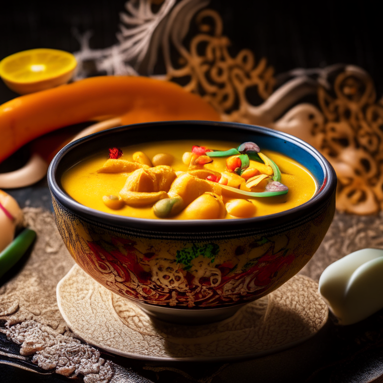 Thai Steamed Seafood Curry Custard in a bowl, decorated with Thai ornaments, under bright studio lighting with razor-sharp focus