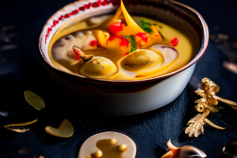 Thai Steamed Seafood Curry Custard on a platter, decorated with Thai ornaments, under bright studio lighting with razor-sharp focus