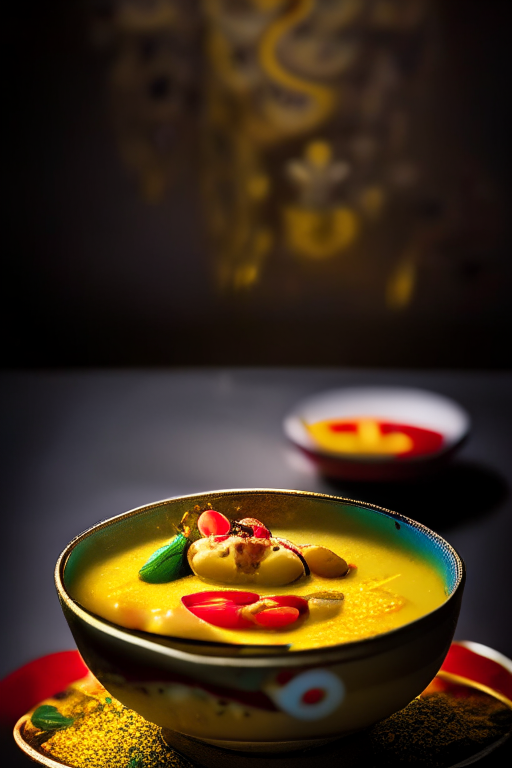 Thai Steamed Seafood Curry Custard in a dish, decorated with Thai ornaments, under bright studio lighting with razor-sharp focus