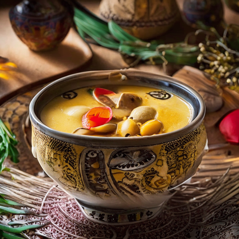 Thai Steamed Seafood Curry Custard in a bowl, decorated with Thai ornaments, under natural window lighting