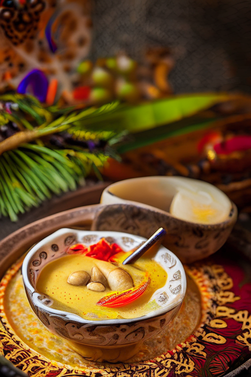 Thai Steamed Seafood Curry Custard in a dish, decorated with Thai ornaments, under natural indoor lighting