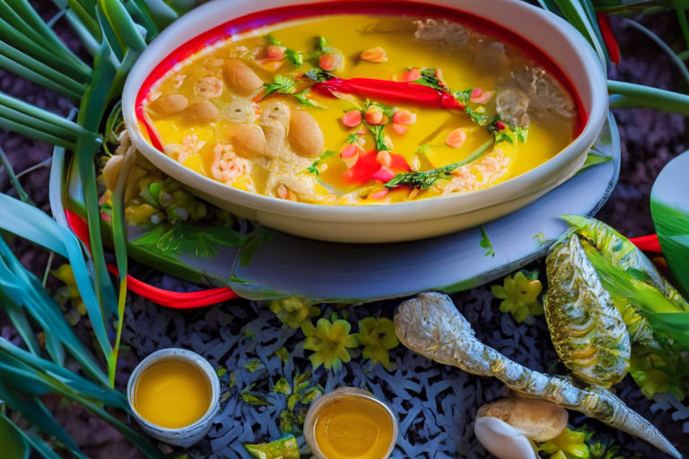 Thai Steamed Seafood Curry Custard on a platter, decorated with Thai ornaments, under natural outdoor lighting