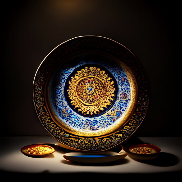 Goong Pad Nam Prik Pao dish on a circular plate, decorated with Thai ornaments, under bright studio lighting with razor-sharp focus