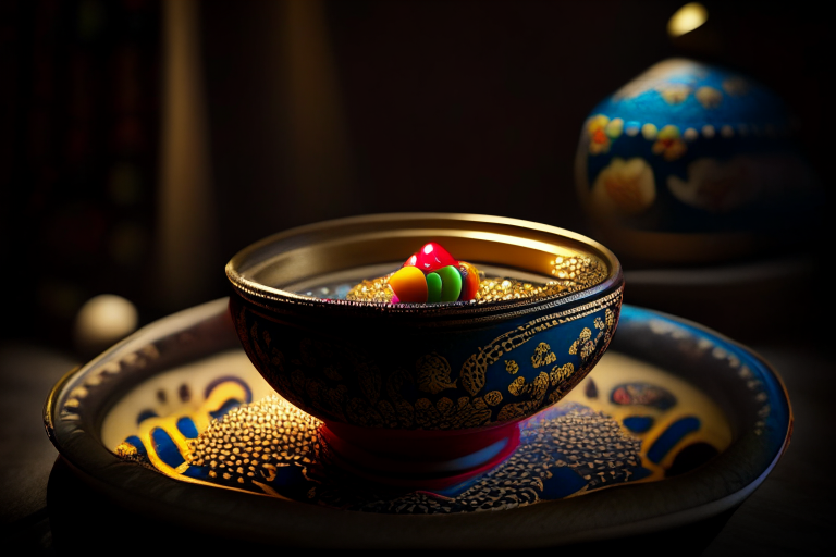 Goong Pad Nam Prik Pao in a bowl, decorated with Thai ornaments, under bright studio lighting with razor-sharp focus