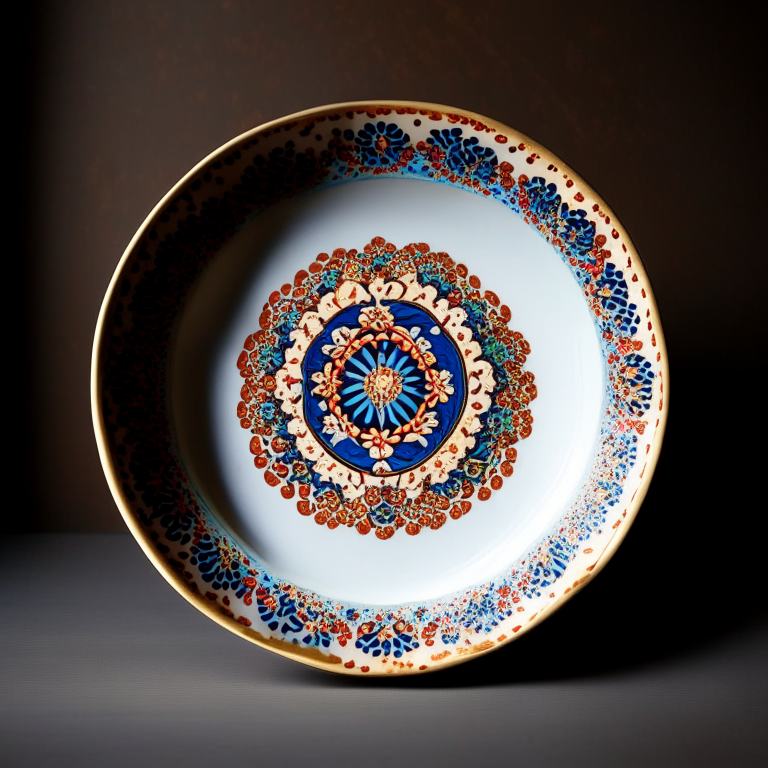 Goong Pad Nam Prik Pao dish on a circular plate, decorated with Thai ornaments, under bright studio lighting