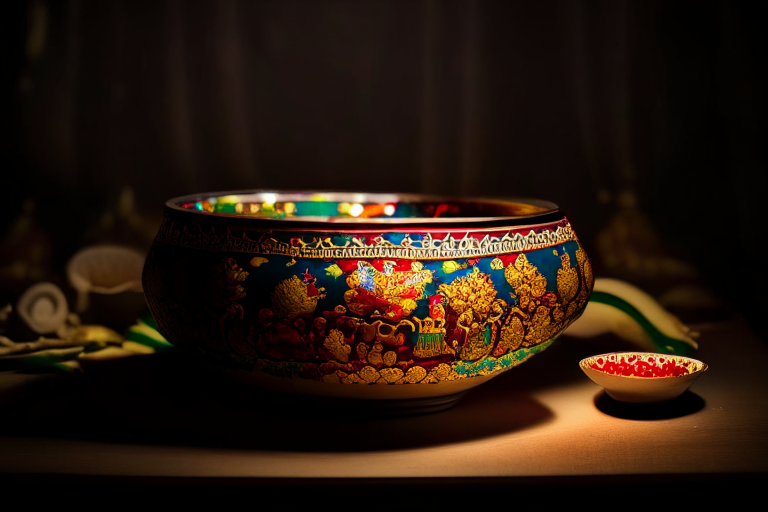 Goong Pad Nam Prik Pao in a bowl, decorated with Thai ornaments, under bright studio lighting