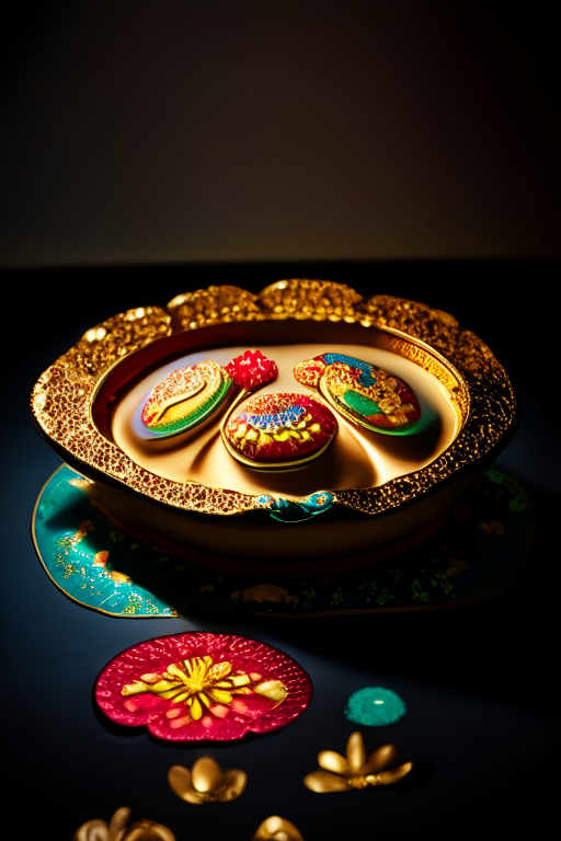 Goong Pad Nam Prik Pao in a dish, decorated with Thai ornaments, under bright studio lighting