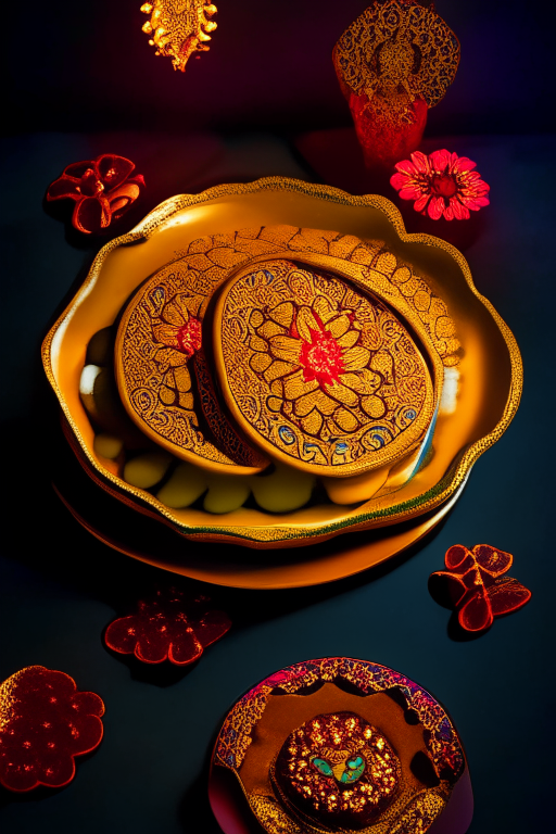 Goong Pad Nam Prik Pao on a platter, decorated with Thai ornaments, under bright studio lighting