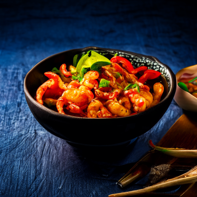 Thai Stir-Fried Shrimp with Chili Paste in a bowl, decorated with Thai ornaments, under bright studio lighting