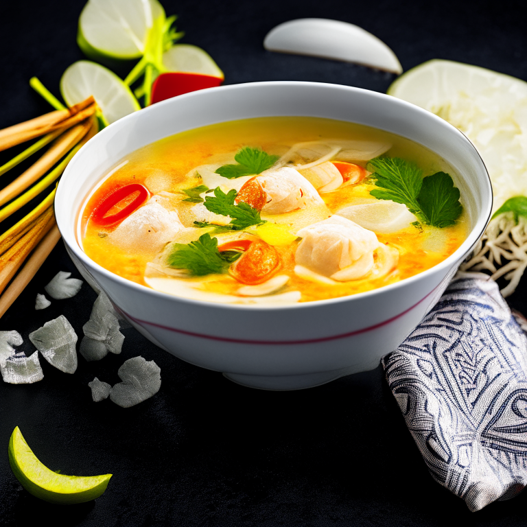 Thai Coconut Fish Soup in a bowl, decorated with Thai ornaments, under bright studio lighting