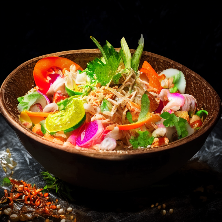 Yum Talay (Thai Seafood Salad) in a bowl, decorated with Thai ornaments, under bright studio lighting