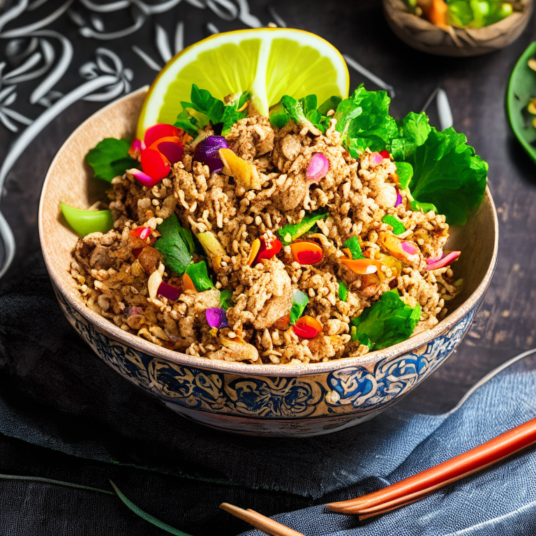 Larb Gai (Thai Spicy Chicken Salad) in a bowl, decorated with Thai ornaments, under bright studio lighting