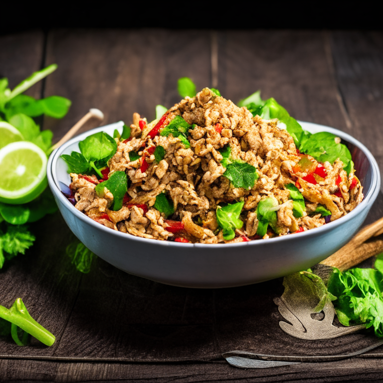 Larb Gai (Thai Spicy Chicken Salad) without rice, in a bowl, decorated with Thai ornaments, under bright studio lighting