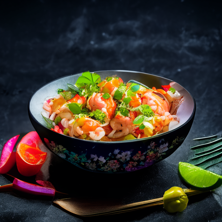 Pla Goong (Thai Spicy Shrimp Salad) in a bowl, decorated with Thai ornaments, under bright studio lighting