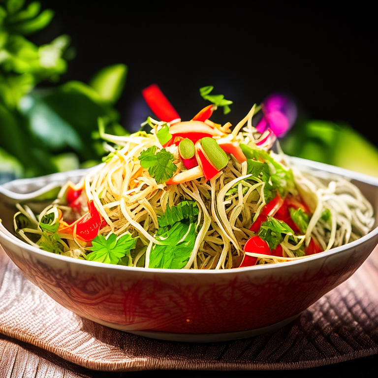 Som Tum Thai (Thai Green Papaya Salad) in a bowl, decorated with Thai ornaments, under bright studio lighting