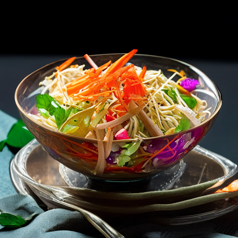 Yam Woon Sen (Thai Glass Noodle Salad) in a bowl, decorated with Thai ornaments, under bright studio lighting