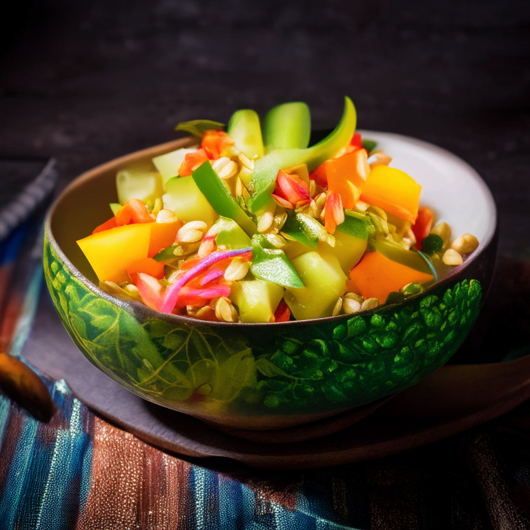 Yam Mamuang (Thai Green Mango Salad) in a bowl, decorated with Thai ornaments, under bright studio lighting