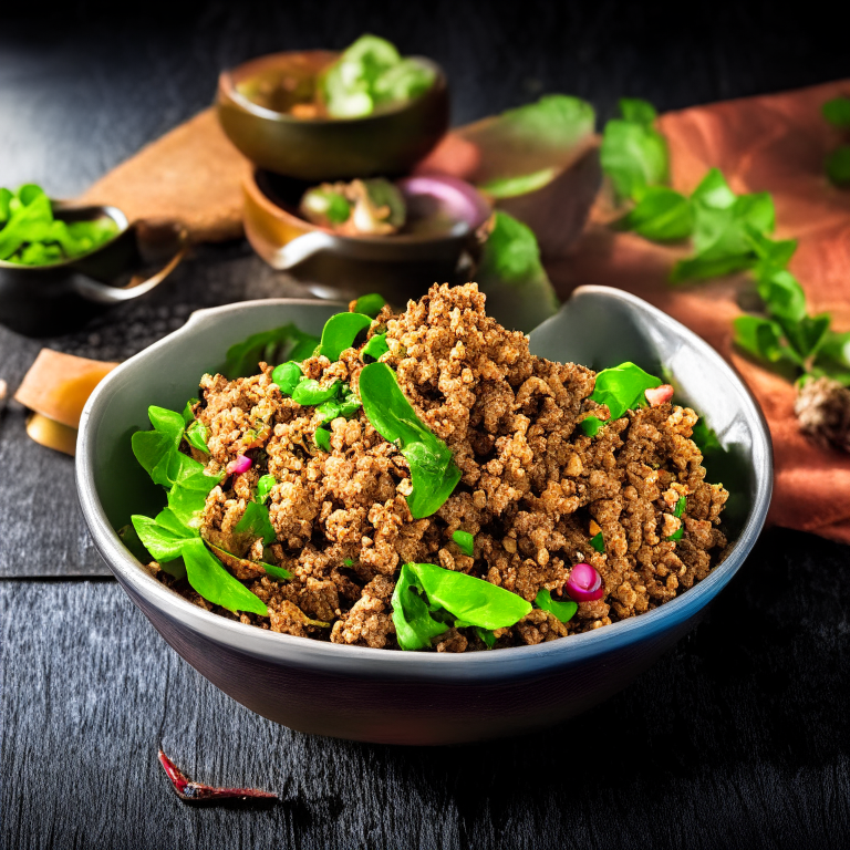 Larb Moo (Thai Spicy Pork Salad) in a bowl, decorated with Thai ornaments, under bright studio lighting