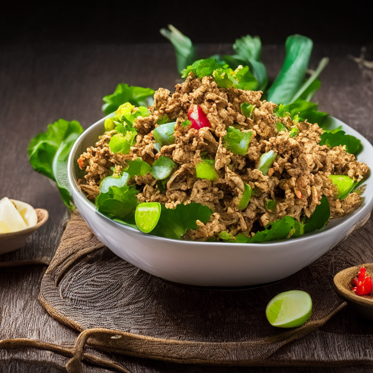 Larb Gai (Thai Minced Chicken Salad) in a bowl, decorated with Thai ornaments, under bright studio lighting