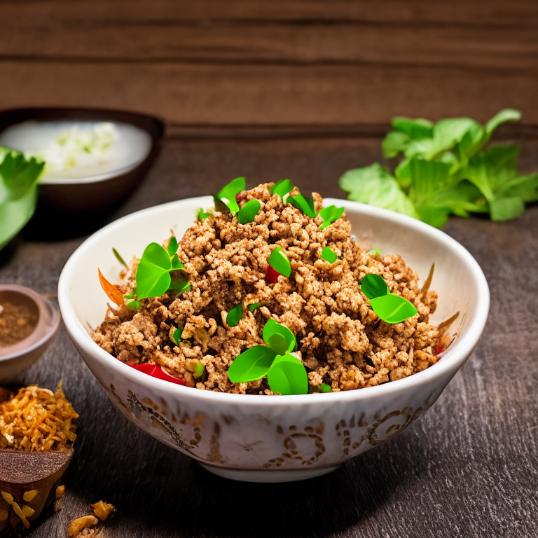 Larb Moo (Thai Minced Pork Salad) in a bowl, decorated with Thai ornaments, under bright studio lighting