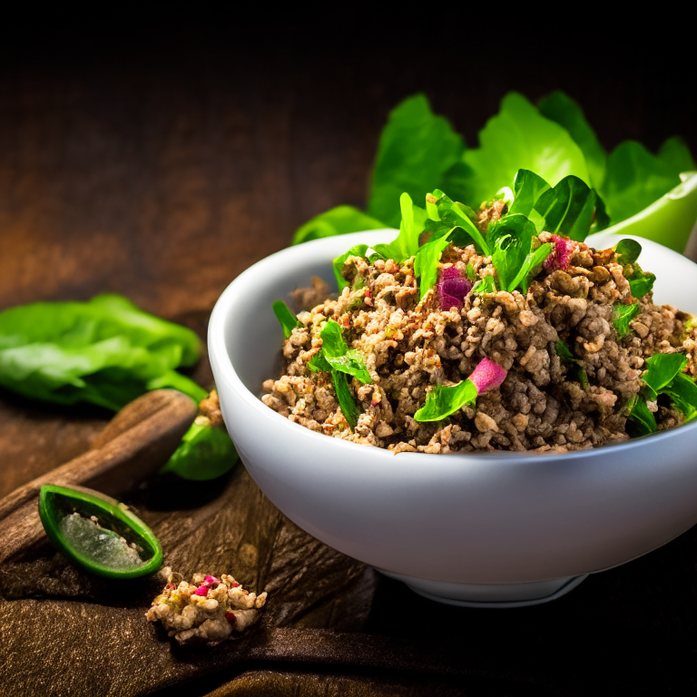 Larb Neua (Thai Minced Beef Salad) in a bowl, decorated with Thai ornaments, under bright studio lighting