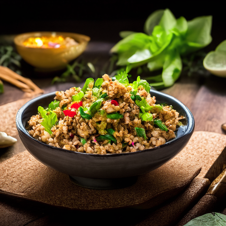 Larb Pla (Thai Minced Fish Salad) in a bowl, decorated with Thai ornaments, under bright studio lighting