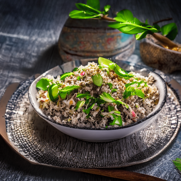 Larb Pla (Thai Minced Fish Salad) with minced fish as the main focus, in a bowl, decorated with Thai ornaments, under bright studio lighting