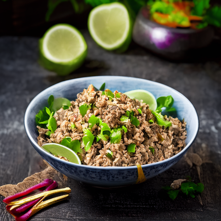 Larb Ped (Thai Minced Duck Salad) in a bowl, decorated with Thai ornaments, under bright studio lighting