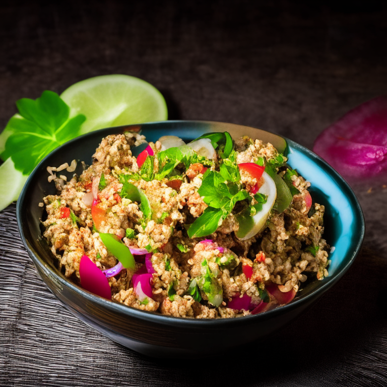 Larb Pla Goong (Thai Minced Shrimp Salad) in a bowl, decorated with Thai ornaments, under bright studio lighting