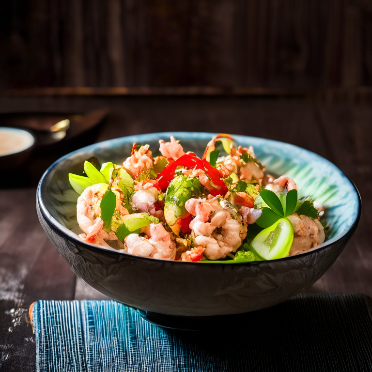 Larb Pla Goong (Thai Minced Shrimp Salad) with shrimp as the main focus, in a bowl, decorated with Thai ornaments, under bright studio lighting