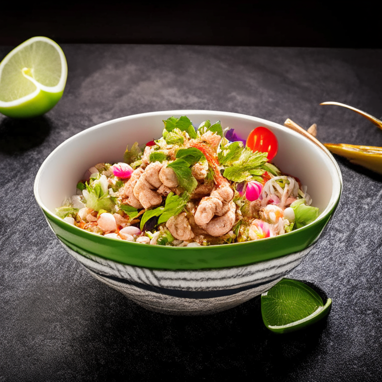 Larb Pla Goong (Thai Minced Shrimp Salad) with shrimp as the main focus, in a bowl, decorated with Thai ornaments, under bright studio lighting