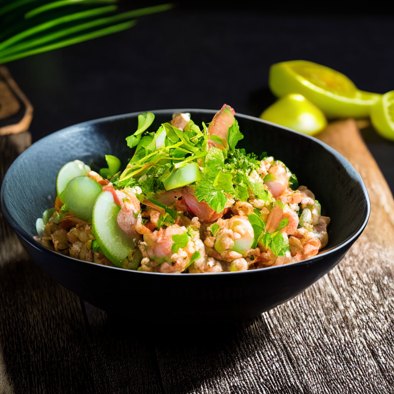 Larb Pla Goong (Thai Minced Shrimp Salad) with shrimp as the main focus, in a bowl, decorated with Thai ornaments, under bright studio lighting