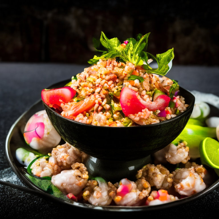 Larb Pla Goong (Thai Minced Shrimp Salad) with shrimp as the main focus, in a bowl, decorated with Thai ornaments, under bright studio lighting
