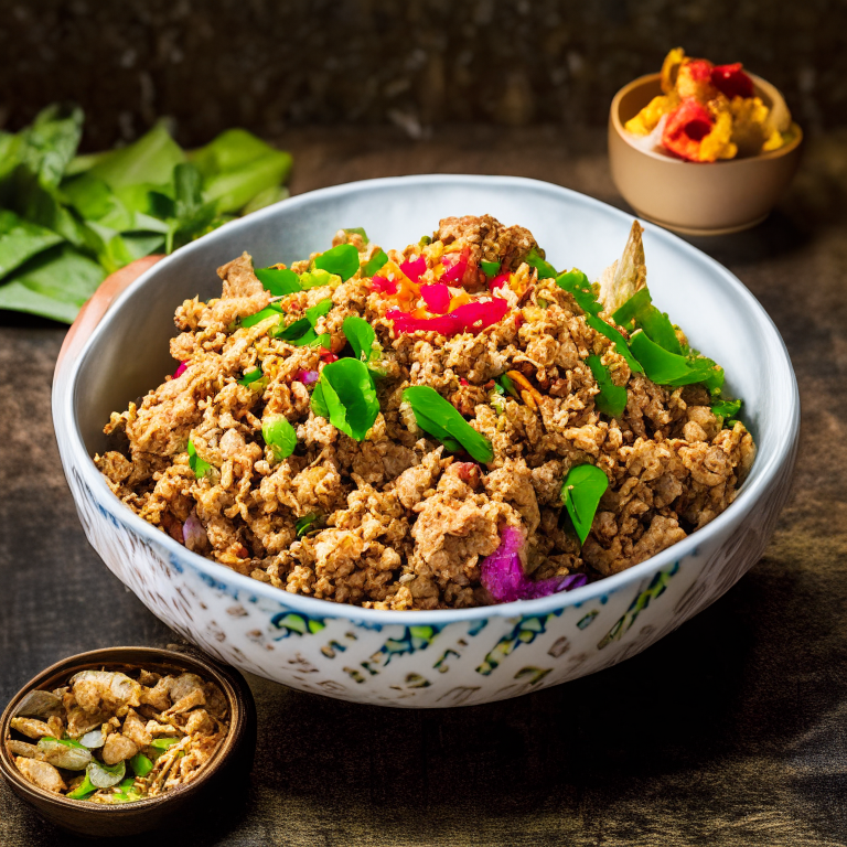 Larb Kai Tod (Thai Minced Fried Chicken Salad) in a bowl, decorated with Thai ornaments, under bright studio lighting