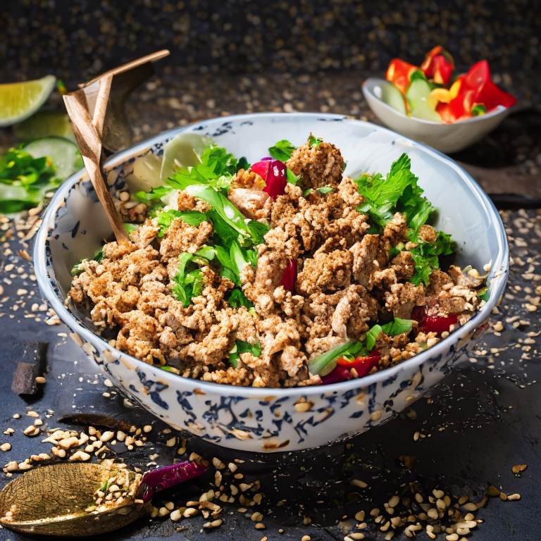 Larb Kai Tod (Thai Minced Fried Chicken Salad) with chicken pieces as the main focus, in a bowl, decorated with Thai ornaments, under bright studio lighting