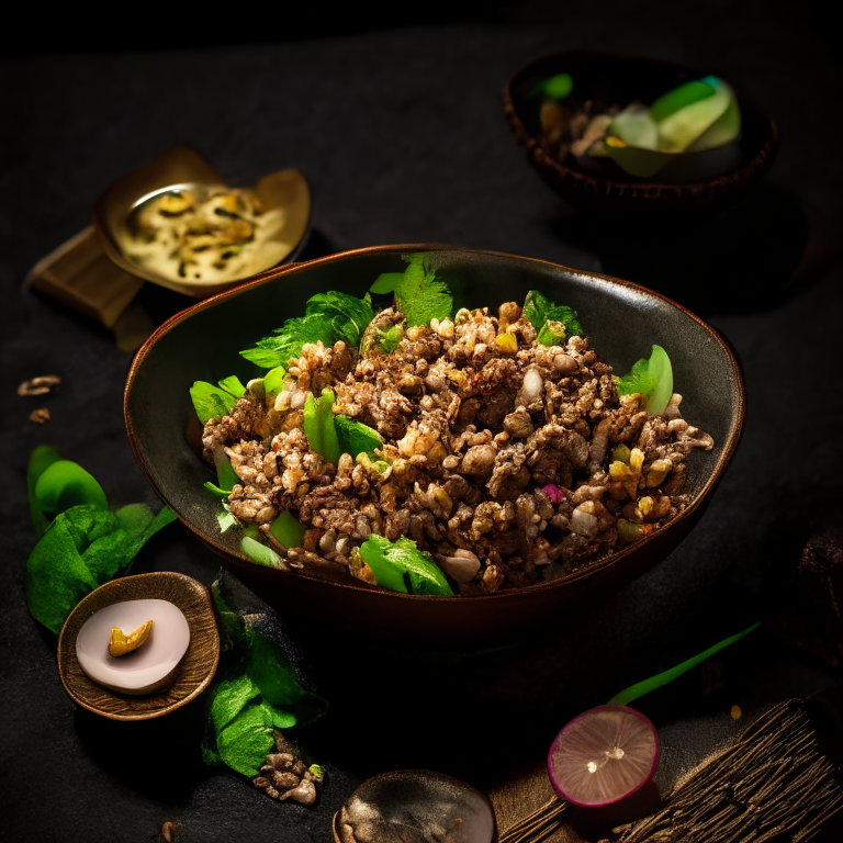 Larb Ped (Thai Minced Duck Salad) with duck pieces as the main focus, in a bowl, decorated with Thai ornaments, under bright studio lighting
