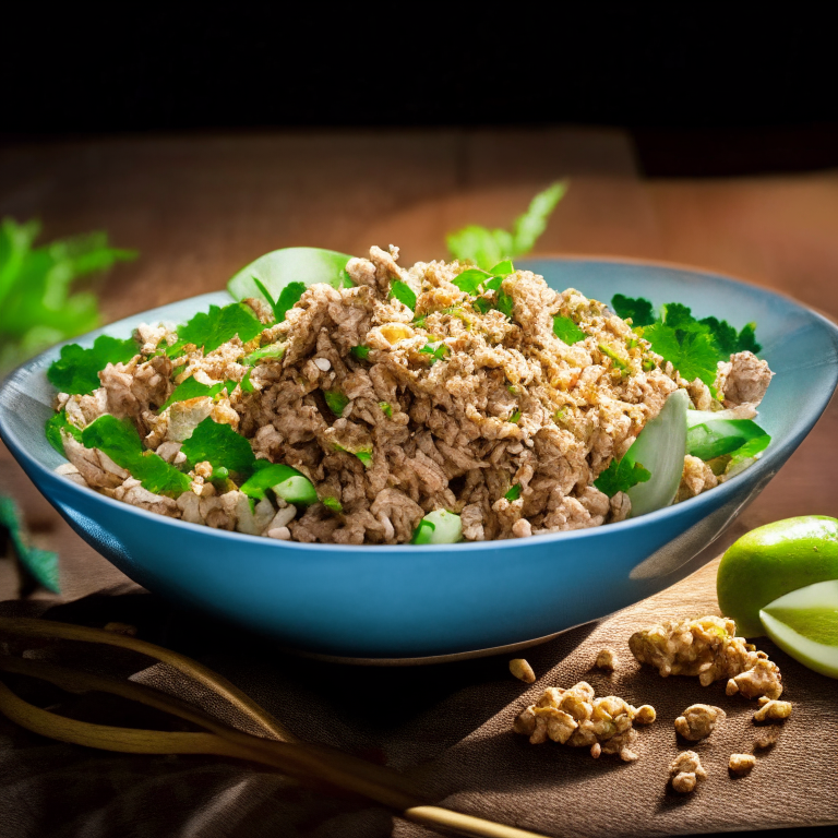 Larb Pla (Thai Minced Fish Salad) with fish pieces as the main focus, in a bowl, decorated with Thai ornaments, under bright studio lighting